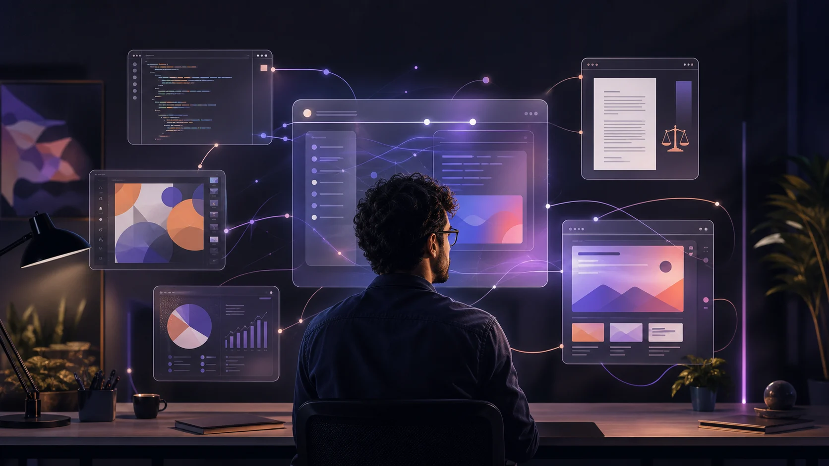 Profissional diante de interfaces conectadas de código, design, dados e documentos, representando como a inteligência artificial aproxima diferentes áreas de trabalho.