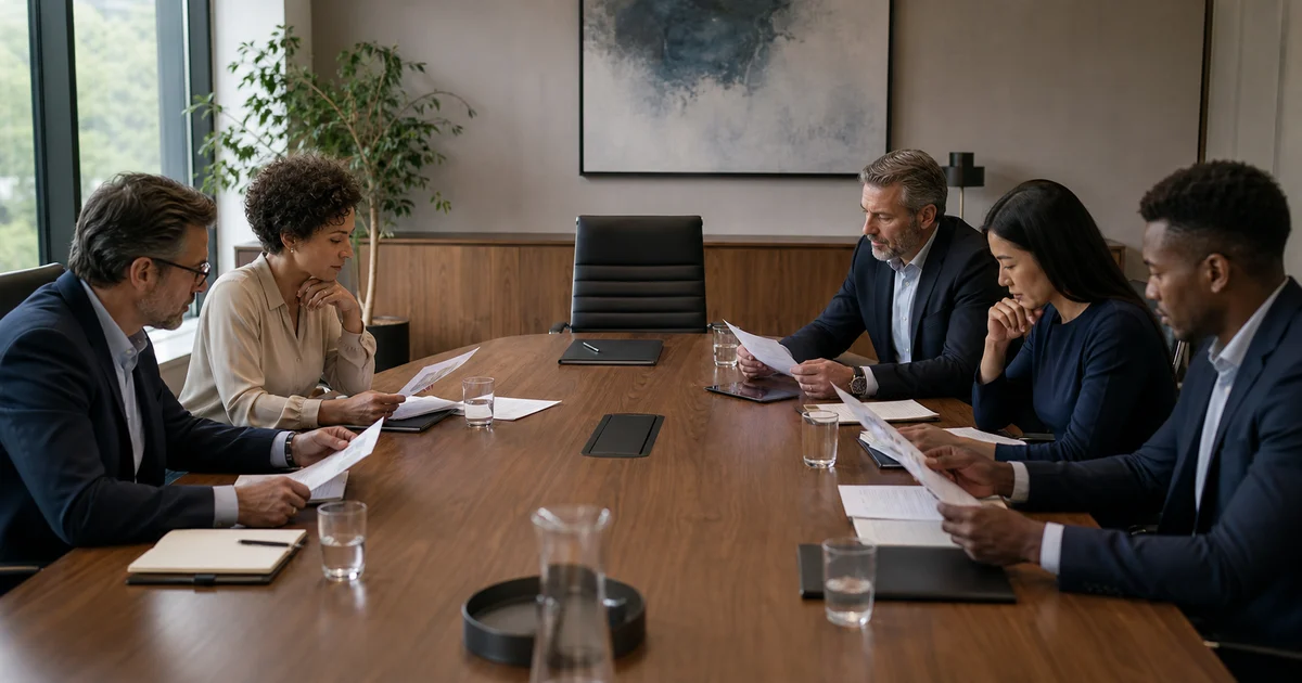 Comitê de compras reunido em torno de uma proposta, com a cadeira do decisor final vazia na cabeceira da mesa.