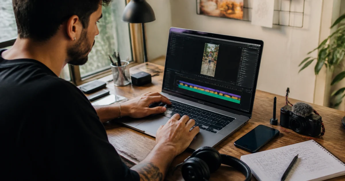 Videomaker edita um vídeo vertical em um notebook, cercado por câmera, celular, fones e anotações em uma mesa de trabalho casual.