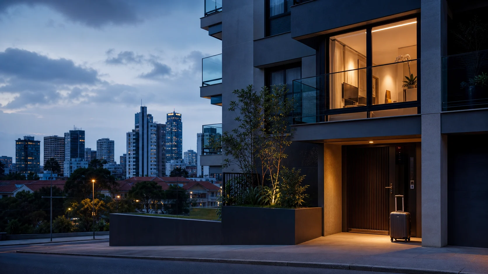 Edifício residencial moderno em Curitiba ao entardecer, representando o efeito do short stay no mercado imobiliário.