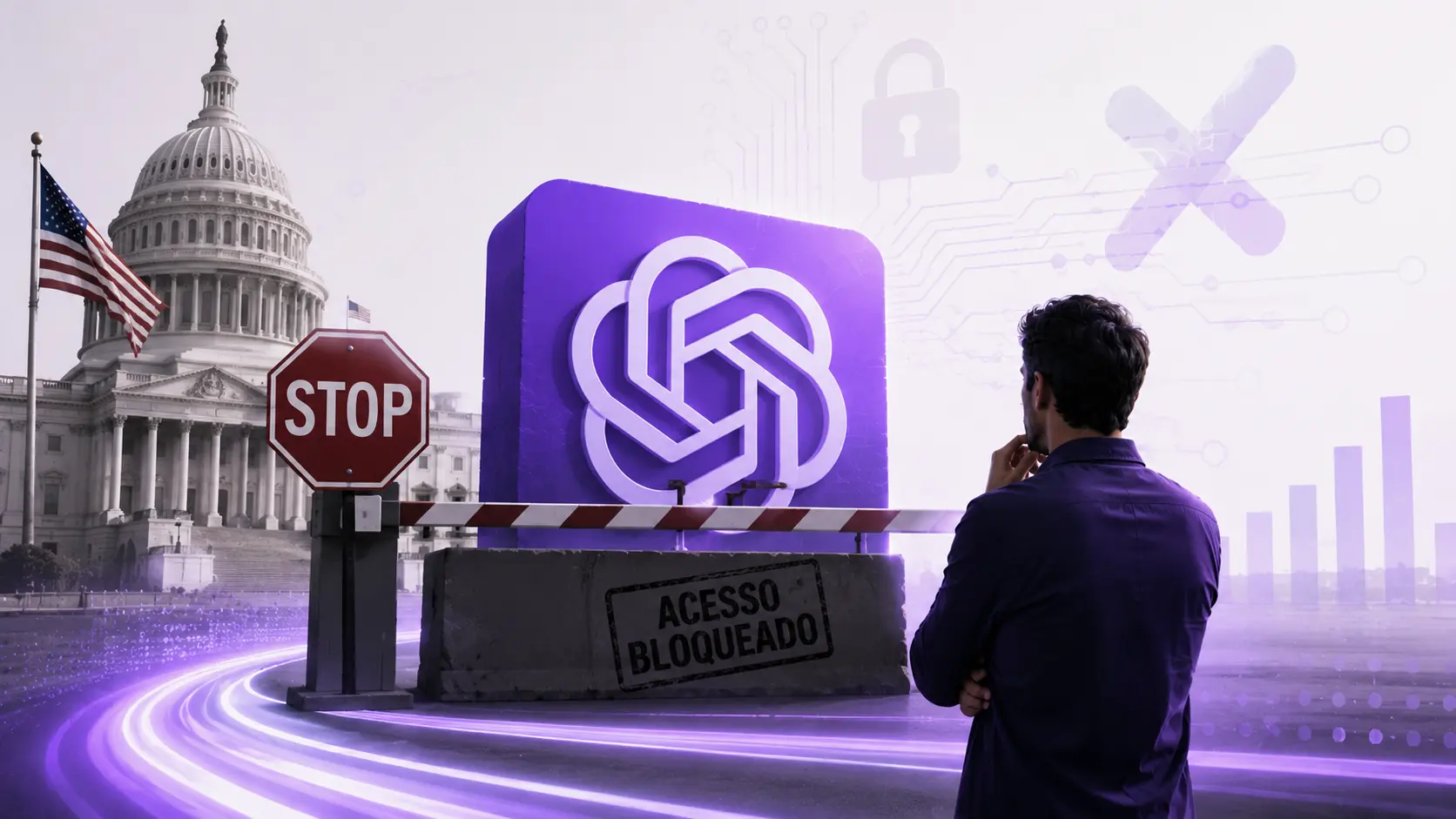 Ilustração editorial sobre restrições do governo dos EUA ao avanço da OpenAI e impactos para vendas com IA.