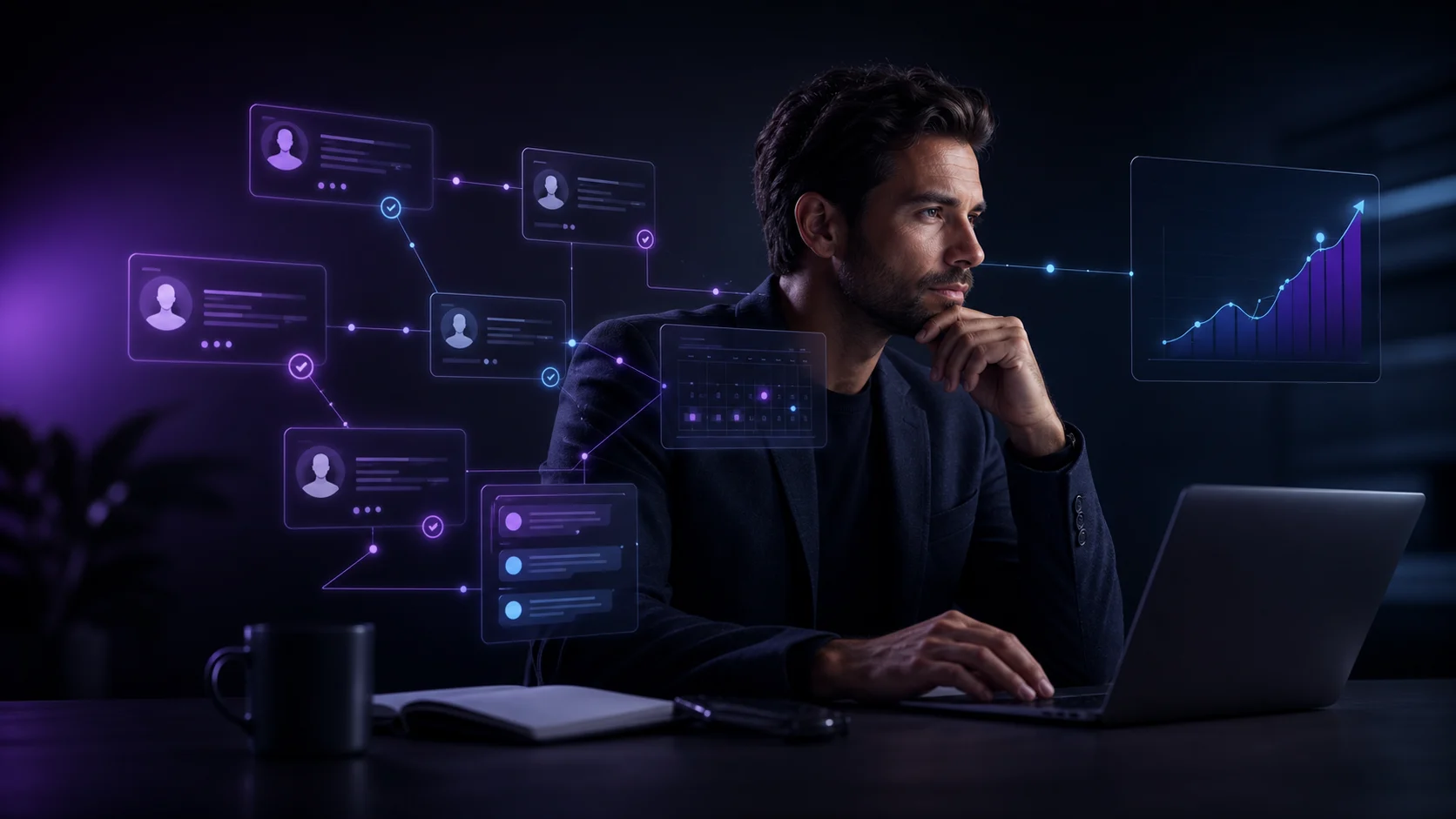 Profissional de vendas analisando fluxos de CRM, leads e indicadores de crescimento com apoio de inteligência artificial.