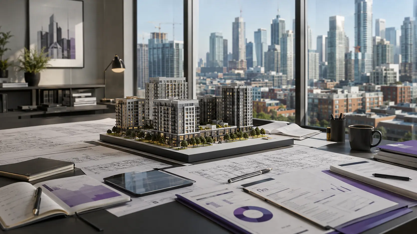 Mesa de planejamento imobiliário com maquete arquitetônica, plantas técnicas e materiais de análise de viabilidade