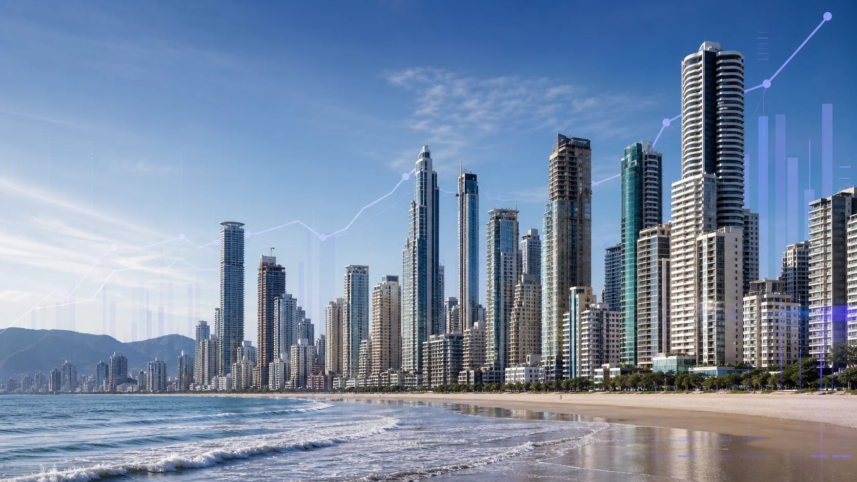 Skyline de torres residenciais no litoral norte de Santa Catarina, ilustrando o polo de luxo vertical mais caro do Brasil.