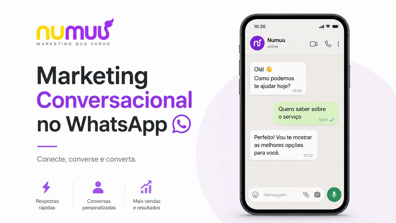 Ilustração de um smartphone com balões de conversa saindo, representando o marketing conversacional via WhatsApp.