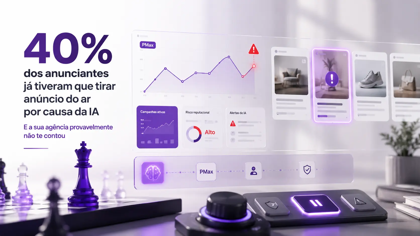 Painel de controle de campanhas digitais com elementos de IA, alertas e governança de mídia paga