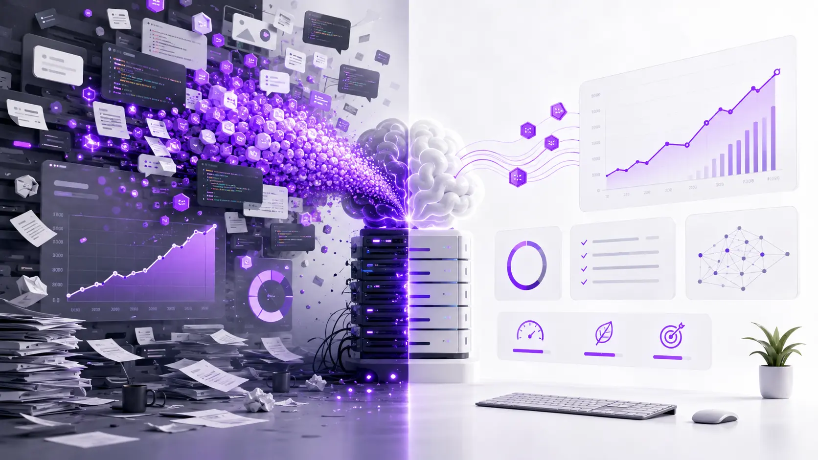 Fluxos de tokens de IA atravessando um processador transparente e seguindo para um gráfico de resultados, representando eficiência no uso de inteligência artificial.