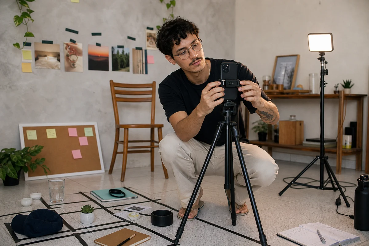 Videomaker ajusta um celular no tripé durante uma sessão casual de produção de vídeos em lote.